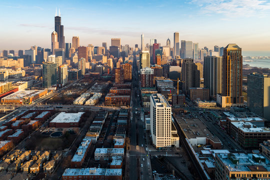 Aerial view of empty streets due to the corona virus pandemic at Chicago, United States.
