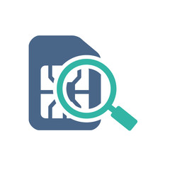 SIM card under magnifying glass flat icon. Mobile slot, phone card symbol