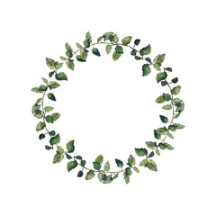 Herbal wreath of balm mint twigs, isolated on white. Watercolour botanical illustration. Frame for greeting cards or invitations. Page decorative element.
