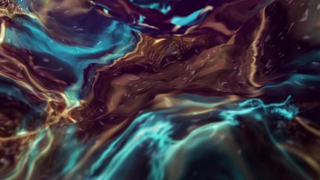 Abstract psychedelic flowing blue and gold liquid marble effect motion background.