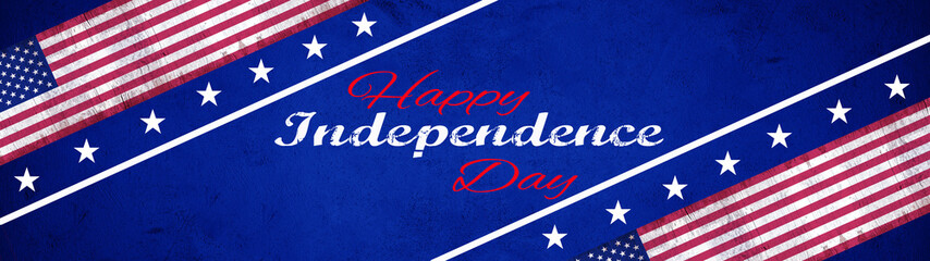 Fototapeta na wymiar Happy Independence Day (4th of July) background banner panorama - American flag on blue texture