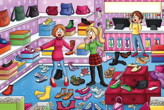 M&auml;dchen im Schuhladen - Illustration