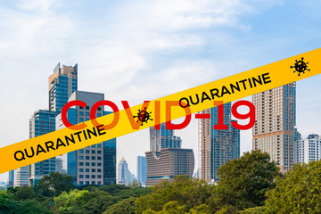 Obraz premium Quarantine sign over Bangkok cityscape day time. Modern skyscrapers panorama. COVID-19 self isolation concept.