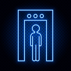 Man, metal detector, airport blue neon vector icon