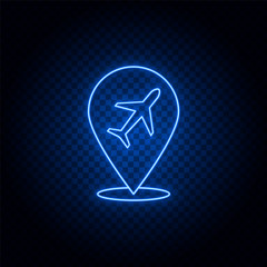 Pin, plane blue neon vector icon
