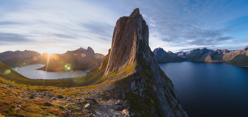 Norway, Senja, Panoramic view of Segla mountain at sunrise