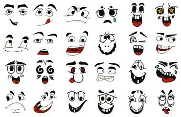 Cartoon faces. Kawaii cute faces. Expressive eyes and mouth, smiling, crying and surprised character face expressions. Caricature comic emotions or emoticon. Isolated vector illustration icons set.