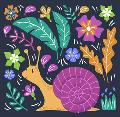 Snail with set of flowers and leaves. Vector illustration. 