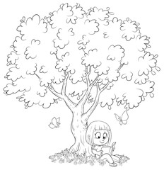 Niedliches Mädchen liest ein Buch unter einem Baum- Vektor-Illustration