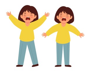 Little girls cry out loud. Upset children scream in hysterics.