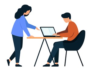 Team work in the office. A man and a woman are discussing a project. Brainstorm.