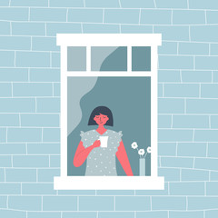 Young woman is drinking coffee by the open window. View from the street side. Funky flat style. Vector illustration
