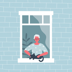 Elderly woman stroking a cat. The old woman at the open window. View from the street side. Funky flat style. Vector illustration