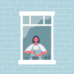 Young woman is cooking at an open window. View from the street side. Funky flat style. Vector illustration