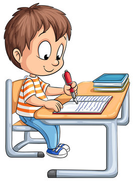 Junge am Schultisch schreibt in ein Heft - Vektor-Illustration