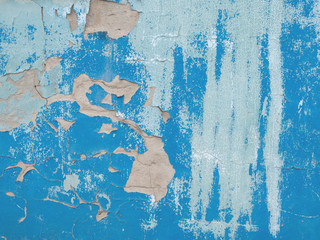 Old Weathered Painted Blue Plastered Peeled Interior Wall Background. Cracked Flaked Shabby Wall With Rundown Stucco Layer Texture. Abstract Blue White Horizontal Empty Wallpaper. Abstract Web Banner