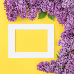 Lilac flowers greetings card frame yellow background