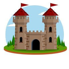 Obraz na płótnie Canvas Castle with towers and walls. Defense construction. Medieval European architecture. Home of knight and king. Protection and security. Flat Icon for app and game