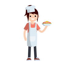 Woman in white apron stands with plate in hand. Delicious dish and cake. Young adult Girl preparing meal in kitchen. Waiter and cook in restaurant and cafe. Cute housewife in kitchen. Flat cartoon