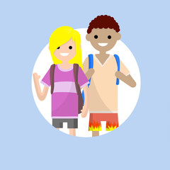 Couple in summer clothes. Students boyfriend and girlfriend with backpacks. Travelers man and girl. Communication multicultural friends. Cartoon flat illustration.