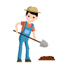 Man farmer with shovel dig ground bed. countryside worker in jumpsuit. Kind of profession. Spring planting. Organic food. The boy in village. Cartoon flat illustration