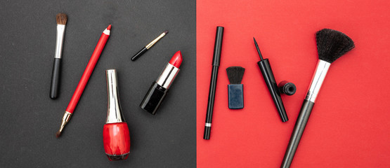 Make-up cosmetics accessories against red and black background