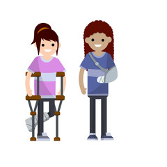 Woman with broken arm and leg. Cartoon flat illustration. Illness and injury. Bandage, crutch. medical healthcare. Young girl