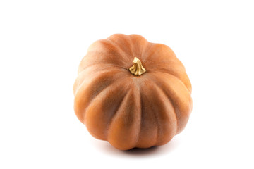 Orange pumpkin on white background, isolated. Organic agricultural product, ingredients for cooking, healthy food vegan. Concept of Halloween or Thanksgiving. Object for packaging design, advertising.