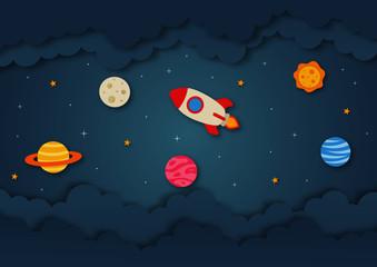 space night sky. moon, stars, rocket and clouds in midnight. paper art style. vector Illustration.