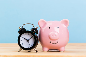 pink piggy bank on a blue background, space for text. Finance, saving money. Business to Success and Retirement Savings