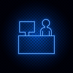 Check in, airport blue neon vector icon