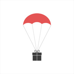 The gift box flying on red parachute. Used linear gradients. Illustration vector