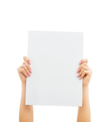 Female hands holding and rise up blank sheet poster.
