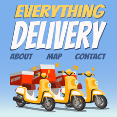 3 Yellow delivery scooter on Blue background with delivery text. Online delivery service concept. Webpage, app design. E-commerce concept. landing page, delivery website, banner, background.