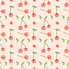 Vector image of a cherry. Seamless pattern with cherries on a pink background