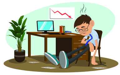 A tired office worker is sitting exhausted on a chair. A frustrated man is tired of a lot of work. Stress, depression at work. The concept of burnout in the workplace. Stock vector illustration.
