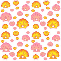 Scallop shells. Seamless vector pattern with golden and pink shells with pearls and without. Seamless pattern with scallops in orange and pink. Marine background.