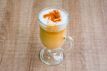 glass cup of coffee, wood background