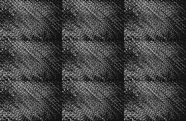 Set collage of distress old rusted peeled, scrathed vector texture with metal net, wire, cage, crossed stripes. Black and white grunge background.