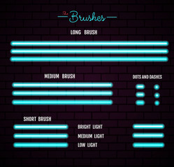 Blue Neon Lights Brushes for Your Custom Sign. All Brushes in Brushes Panel. Vector Illustration.