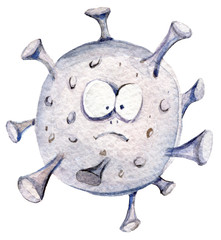 Watercolor hand painted cute angry monster coronavirus. Children's  illustration isolated on white background. Cute bacteria clipart for pattern, print, poster, baby shower