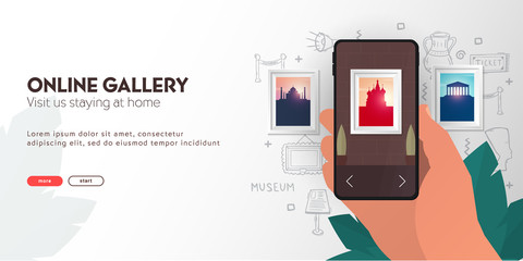 Online Gallery or Museum. Palm with smartphone on the hand draw doodle elements.