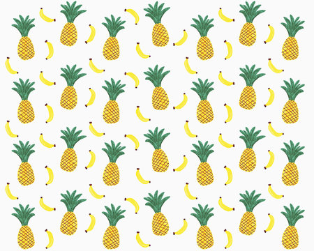 Illustration of yellow pineapples and bananas on white background