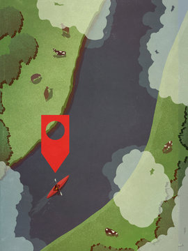 Map pin icon above person kayaking along rural river