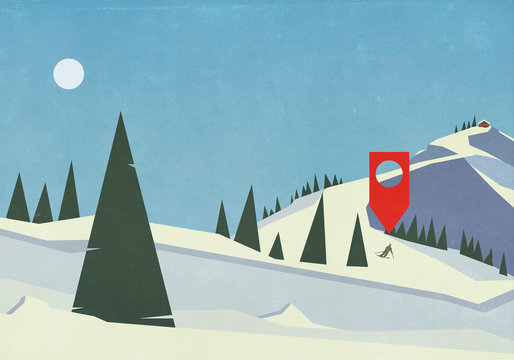 Location pin above skier on snowy mountain slope