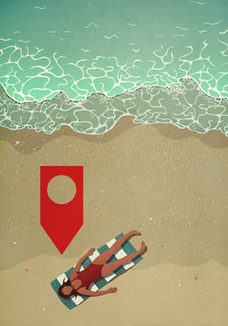 Map pin icon above woman sunbathing on ocean beach