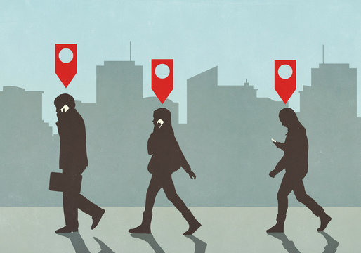 Map pin icons above business people walking and talking on smart phones in city