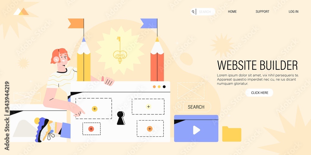 Poster designer creating website page or template from different digital elements. concept of turnkey or on