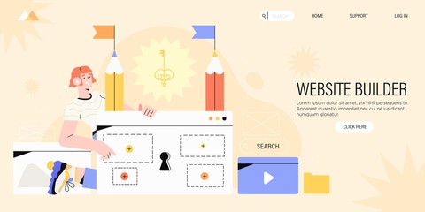 Designer creating website page or template from different digital elements. Concept of turnkey or online website builder, prototyping for banner, flyer, ui and landing page. Creative design studio.