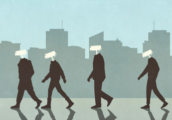 Men with surveillance camera heads in city